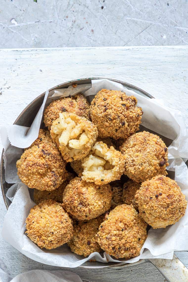 a batch of air fried mac and cheese balls ready to be served