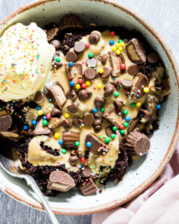 a serving of crock pot chocolate peanut butter cake topped with a scoop of ice cream and candy sprinkles