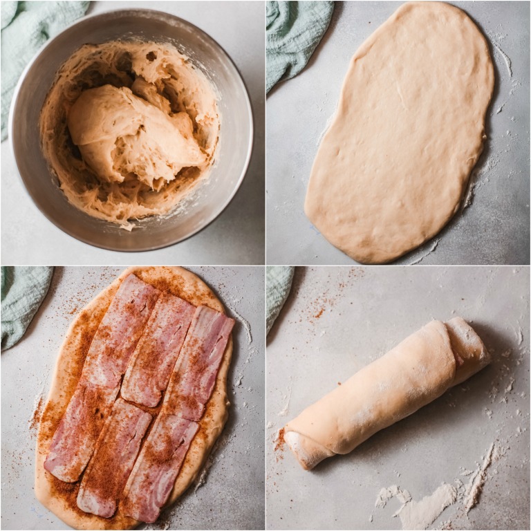 image collage showing the first four steps for making bacon cinnamon rolls