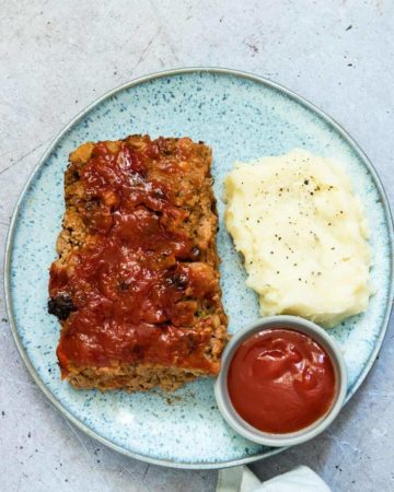 air fryer meatloaf with mashed potato and glaze