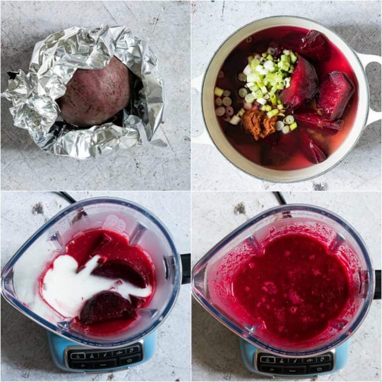image collage showing the steps for making thai curry beetroot soup