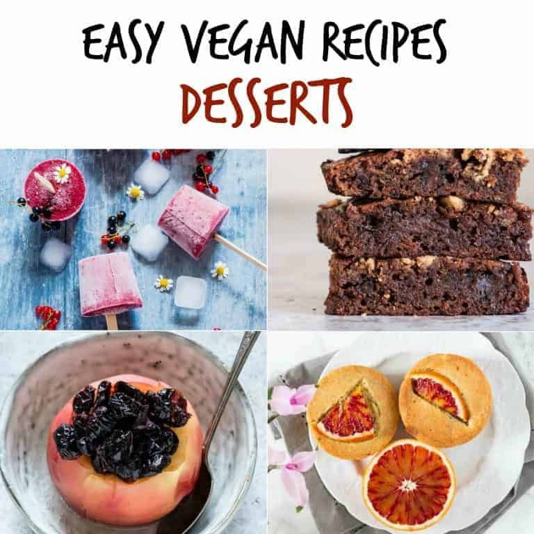 image collage showing some of the desserts included in this list of easy vegan recipes