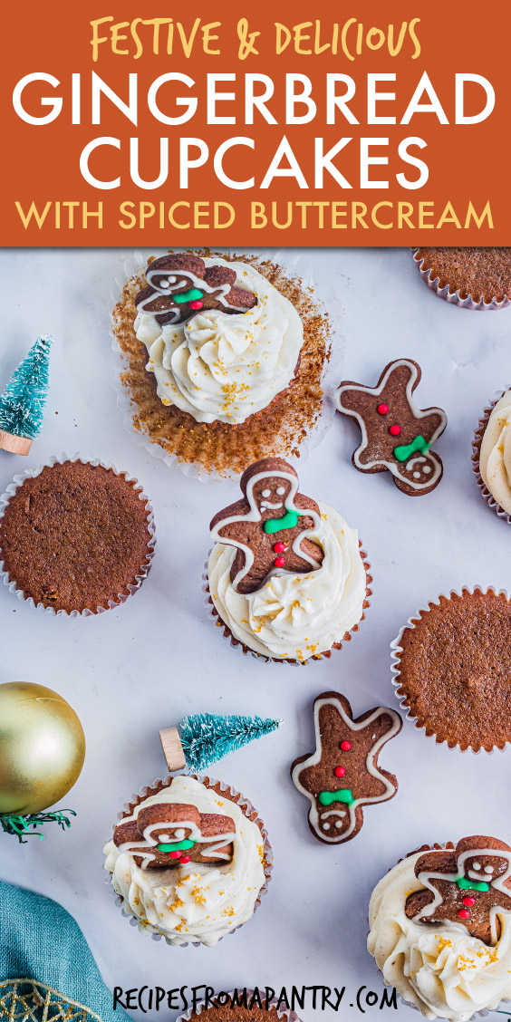 top down view of cupcakes topped with gingerbread men