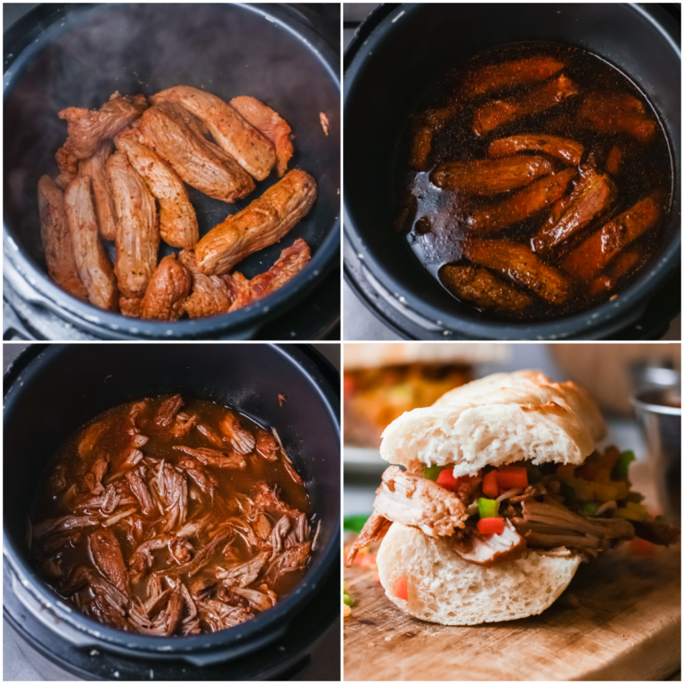 image collage showing the steps for making instant pot italian beef