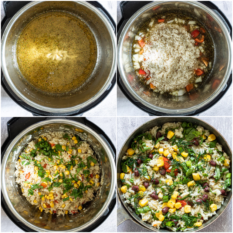 image collage showing the steps for making rice and vegetables in instant pot