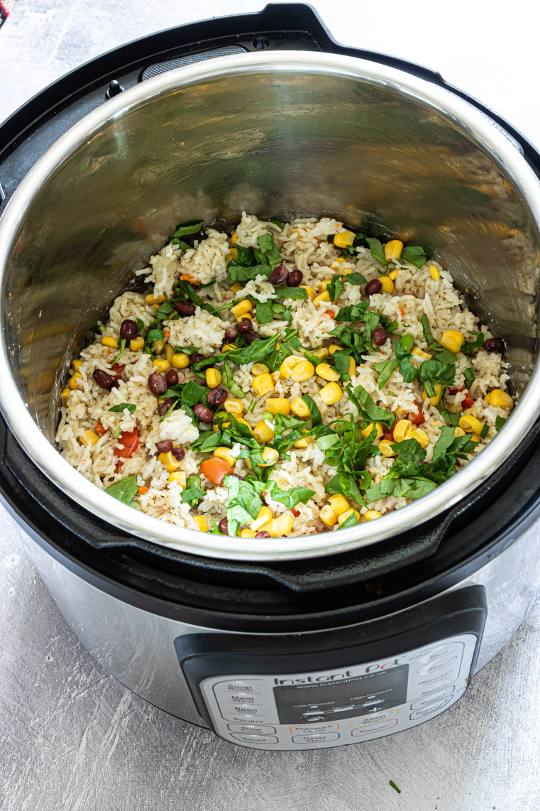 the finished Instant Pot Rice recipe inside the Instant Pot