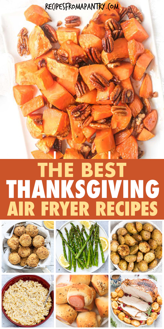 A collage of images of air fryer thanksgiving dishes