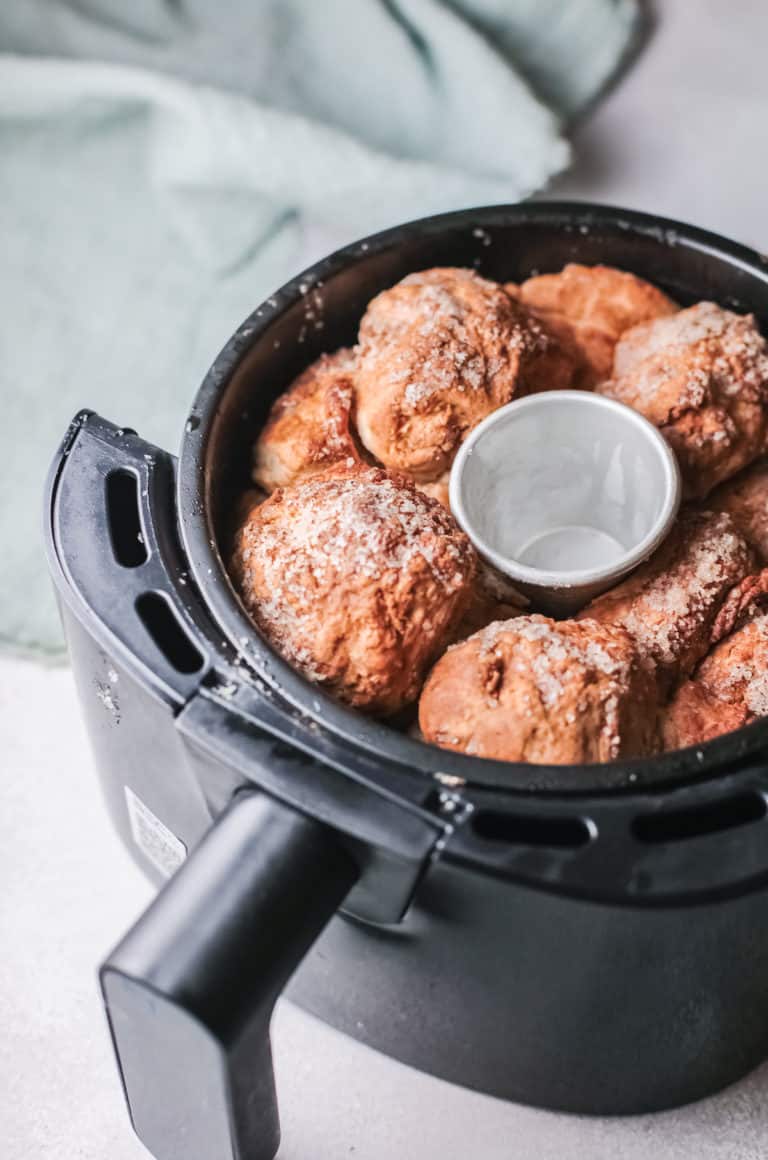the completed monkey bread recipe inside the air fryer basket