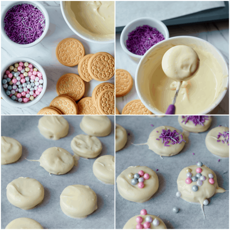 image collage showing the steps for making easter chocolate dipped oreo cookies