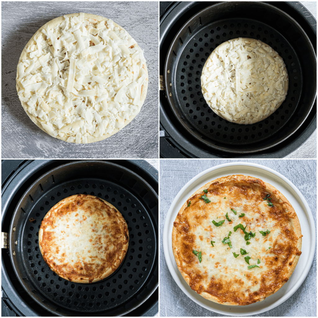 image collage showing how to make frozen pizza in air fryer