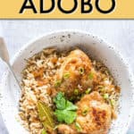 CHICKEN ADOBO OVER RICE IN A BOWL