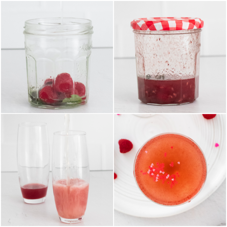 image collage showing the steps for making this rose spritzer