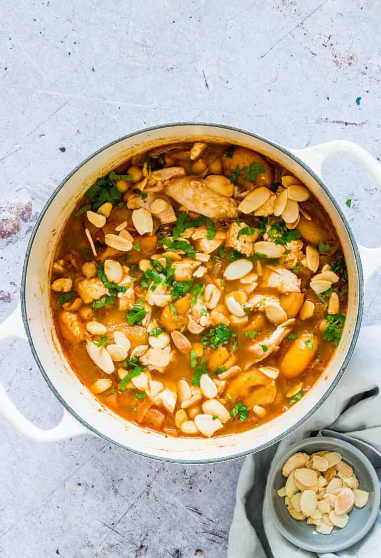 moroccan turkey stew with almonds and cilantro