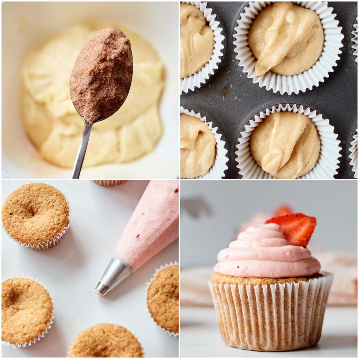 image collage showing the steps for making strawberry churro cupcakes