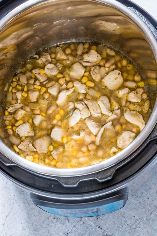 top down view of the white chicken chili inside the Instant Pot