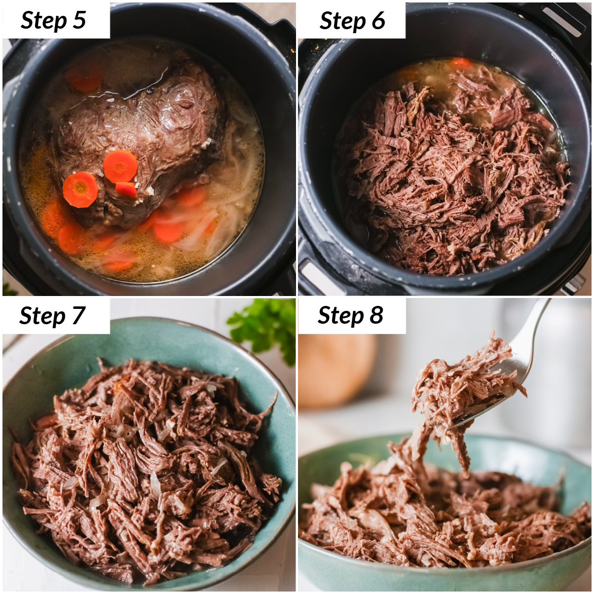 image collage showing the final steps for making barbacoa beef instant pot