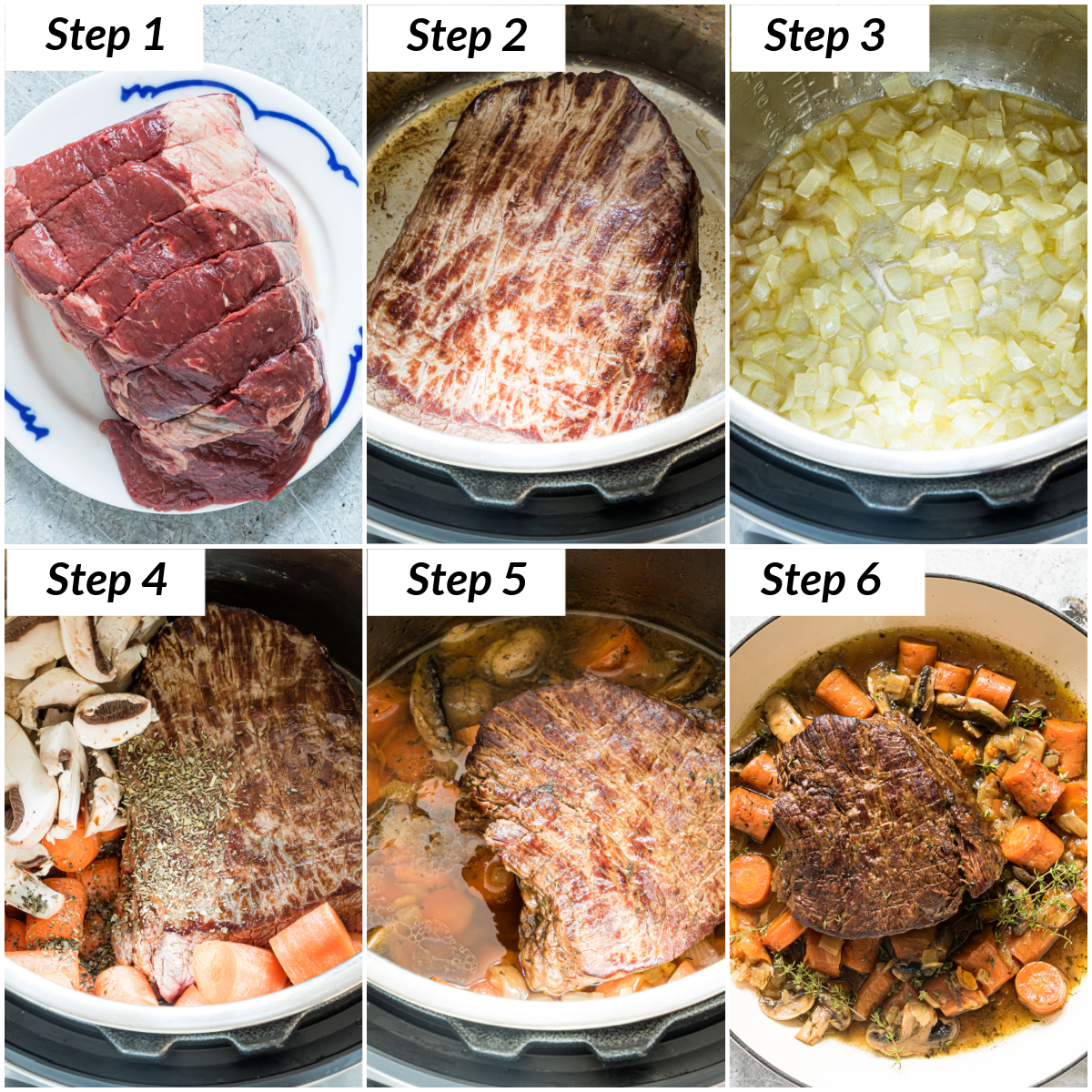 image collage showing the steps for making instant pot pot roast