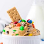 Close up of a colourful chocolate chip cookie dough dip