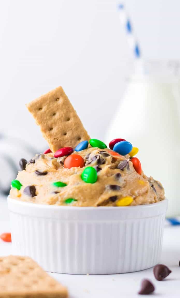 Close up of a colourful chocolate chip cookie dough dip