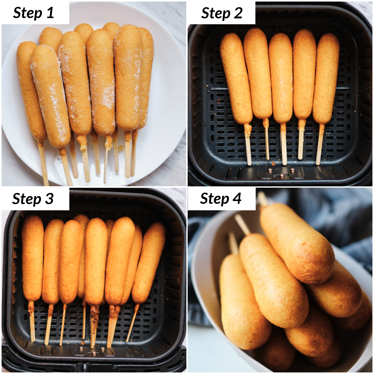 image collage showing the steps for how to cook frozen corn dogs in air fryer