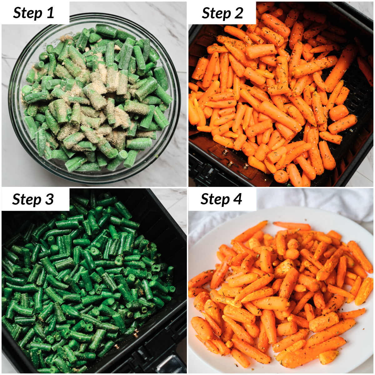 image collage showing the steps for cooking frozen vegetables in air fryer