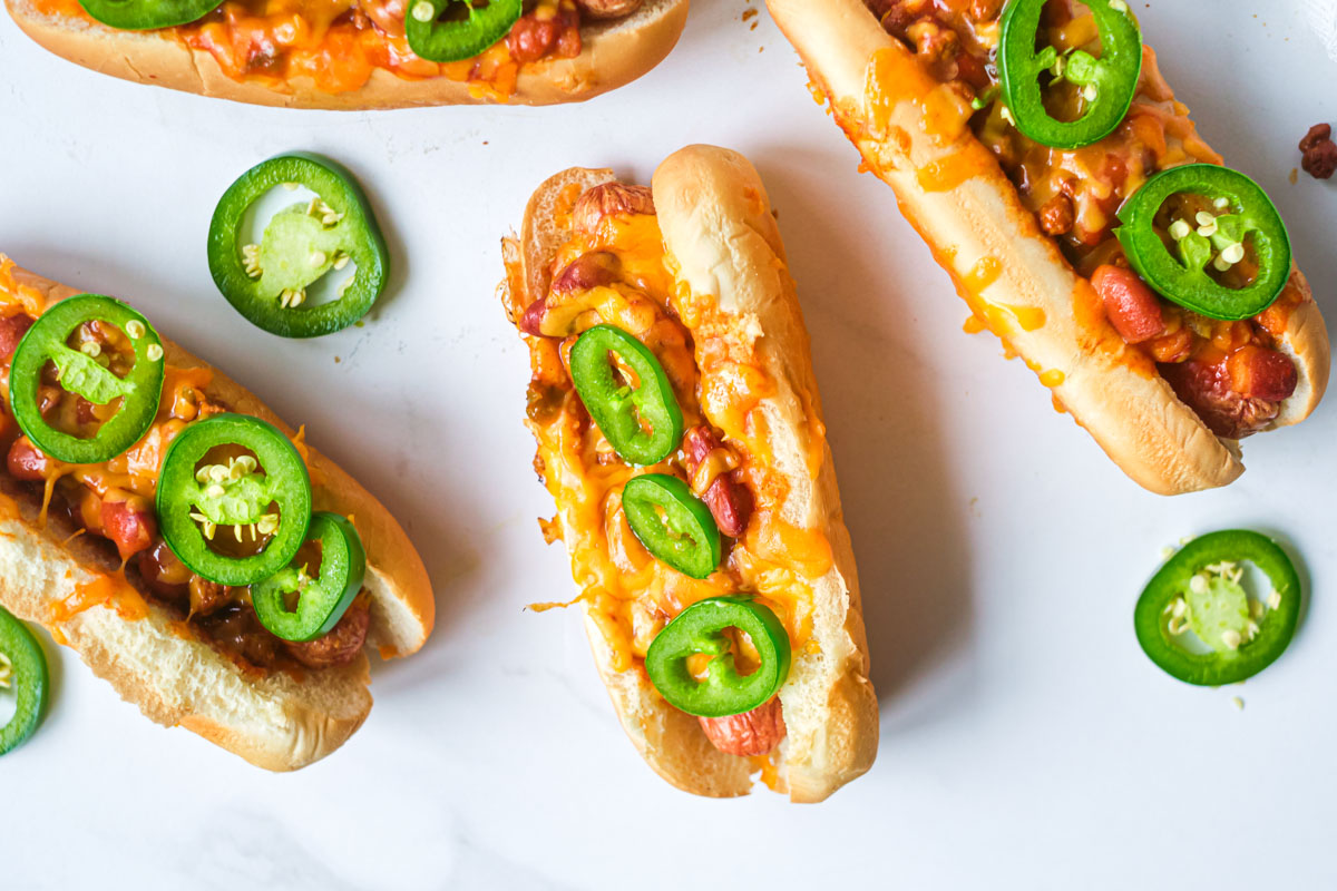 the completed air fryer chili cheese dog recipe