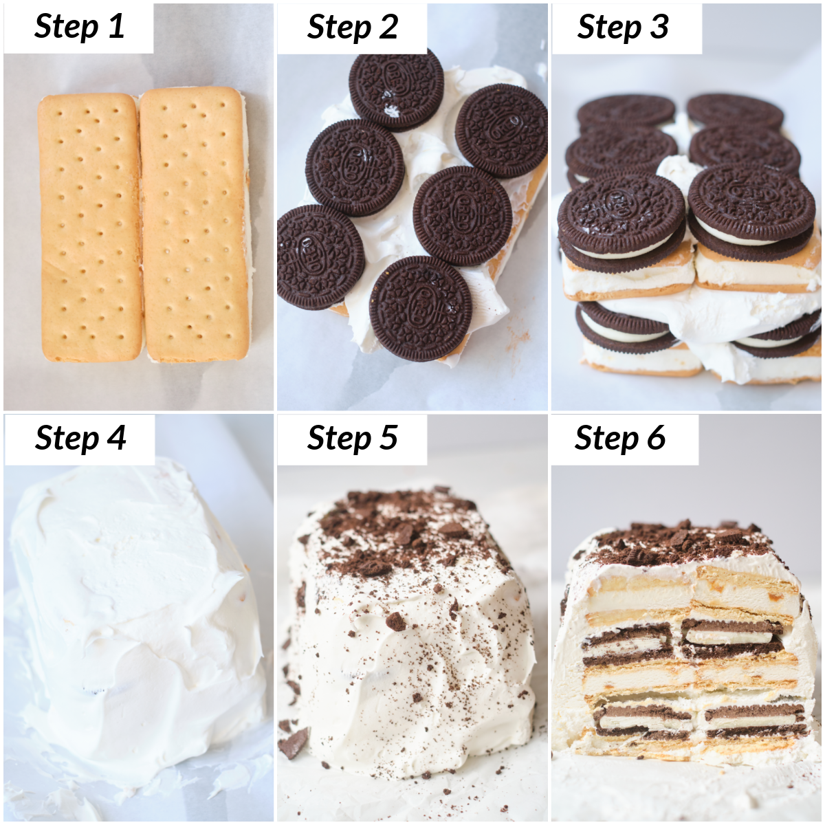 image collage showing the steps for making ice cream sandwich cake