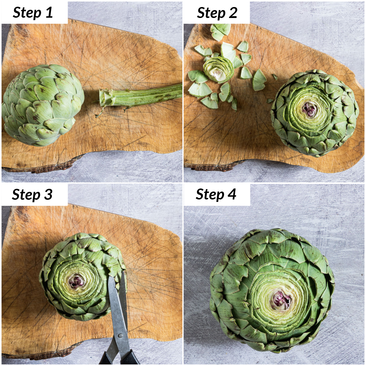 image collage showing the steps for trimming and preparing artichokes