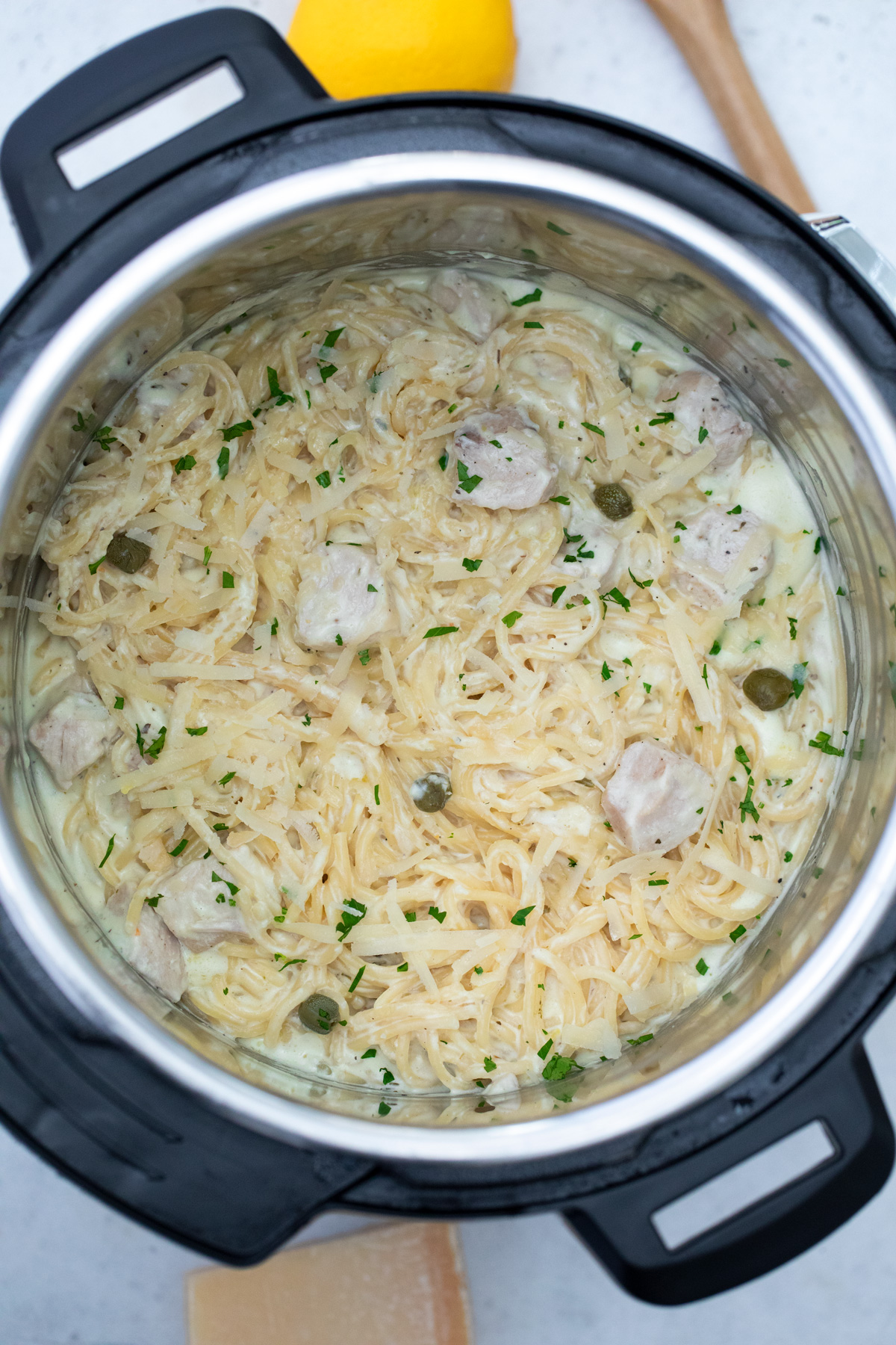 top down view of the chicken alfredo instant pot