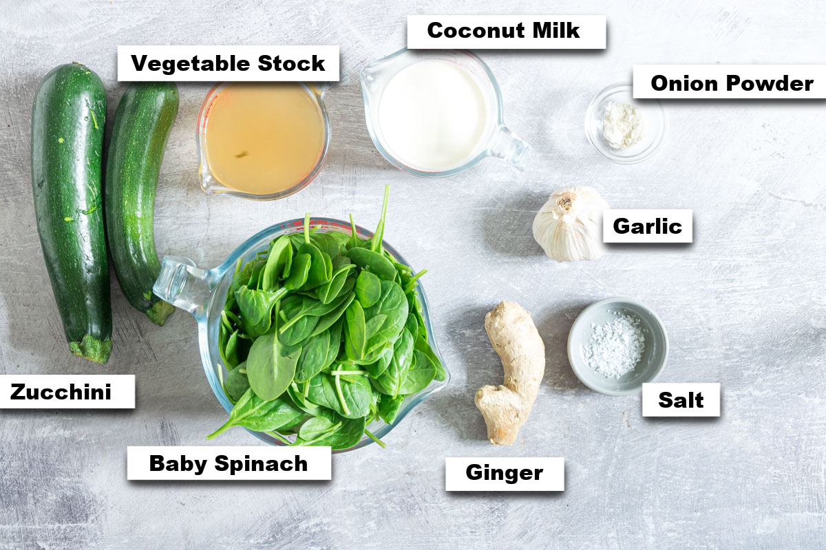 the ingredients needed for making ginger spinach soup