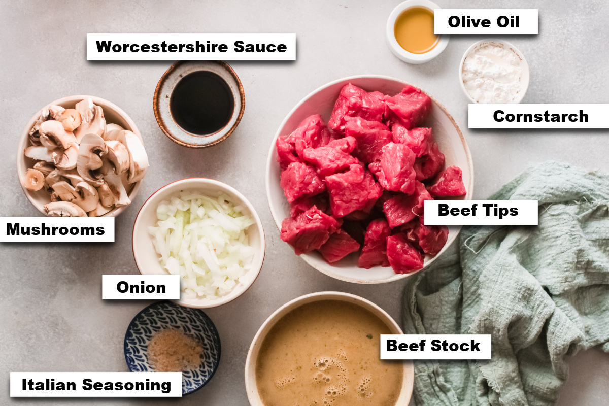 the ingredients needed for making Instant Pot Beef Tips and Gravy