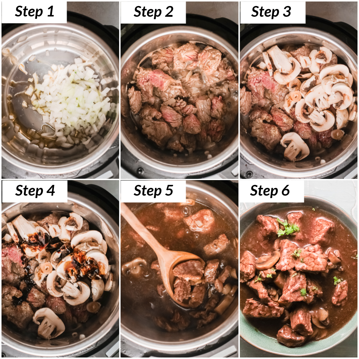 image collage showing the steps for making instant pot beef tips