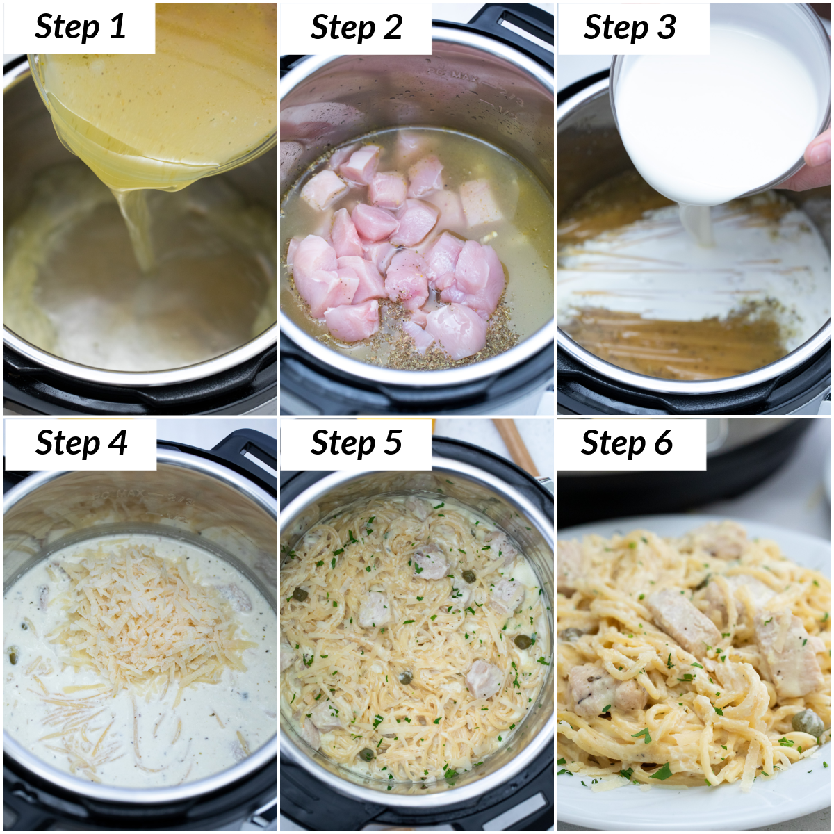 image collage showing the steps for making instant pot chicken alfredo