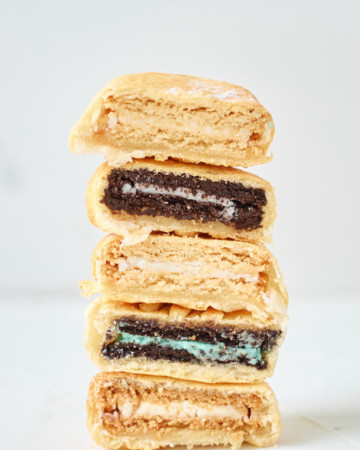 air fried oreos cut in half and stacked vertically
