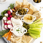 the completed mezze board served on a white table