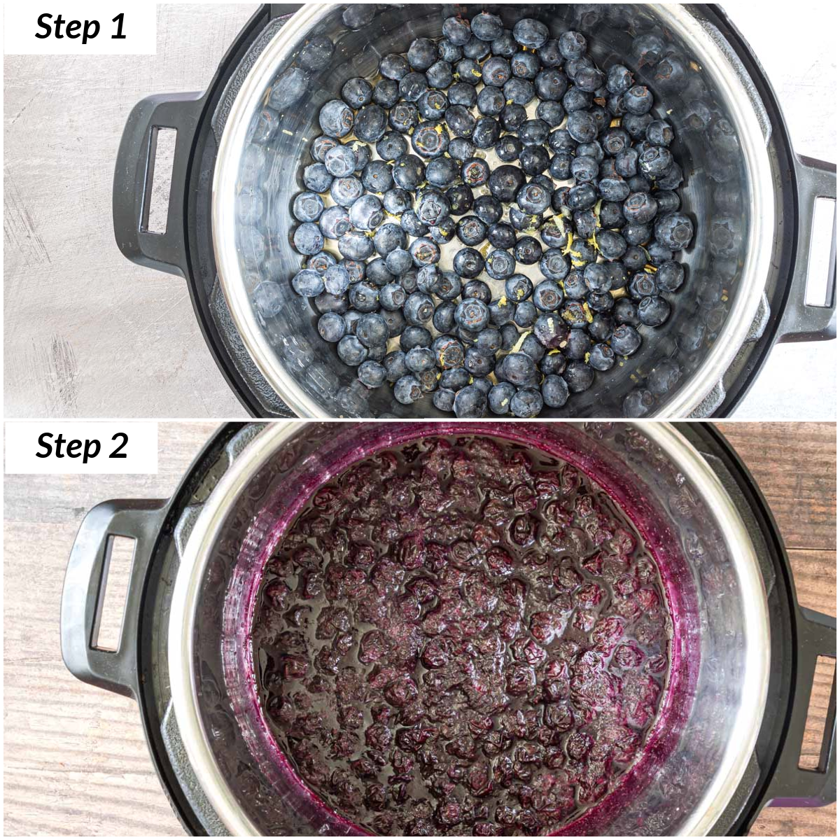 image collage showing the steps for making instant pot blueberry compote