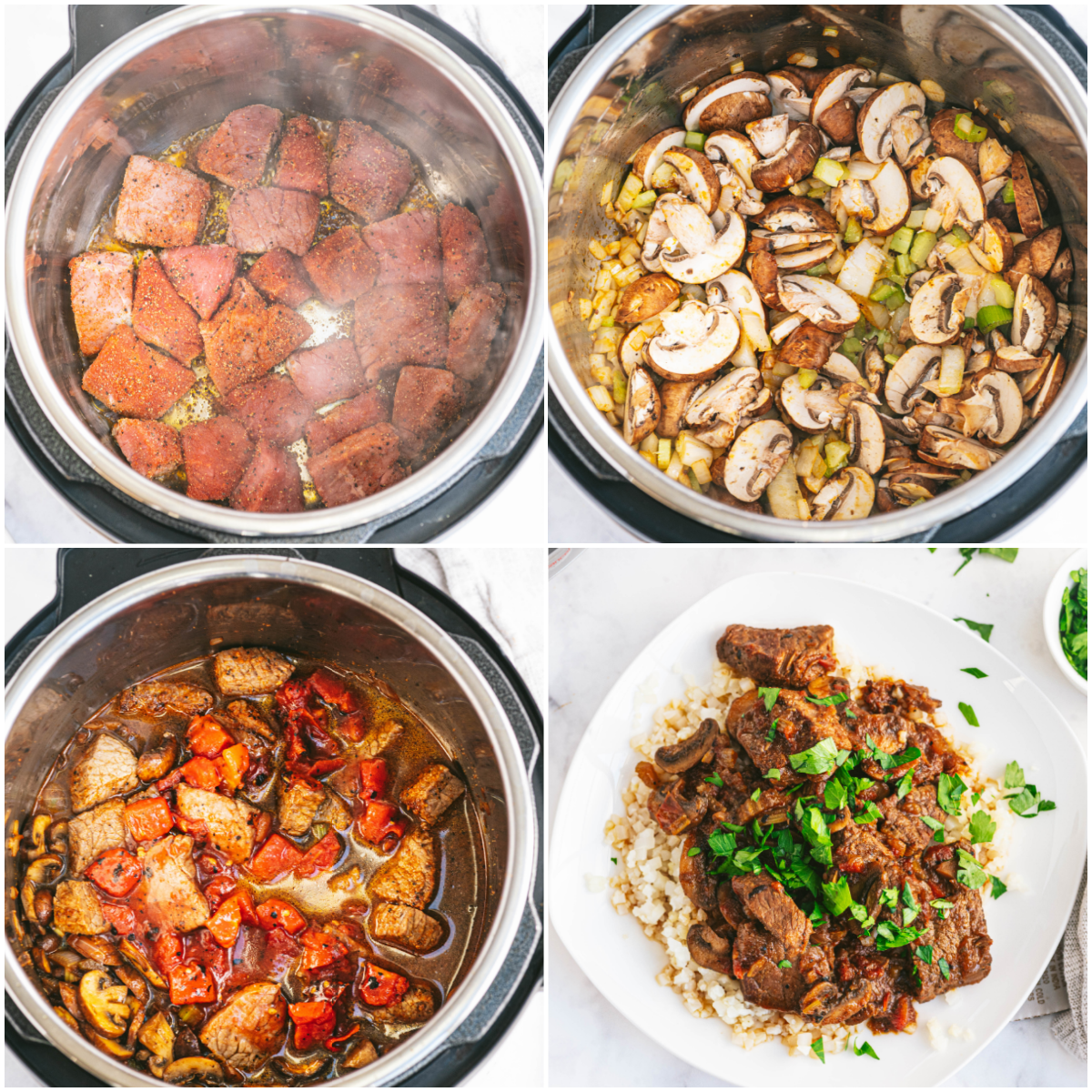 image collage showing the steps for making instant pot swiss steak