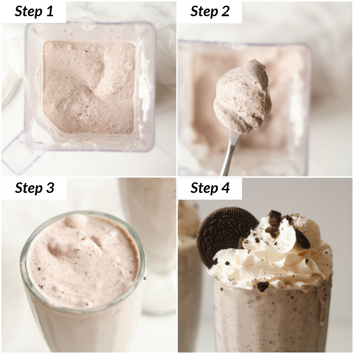 image collage showing how to make oreo milkshake