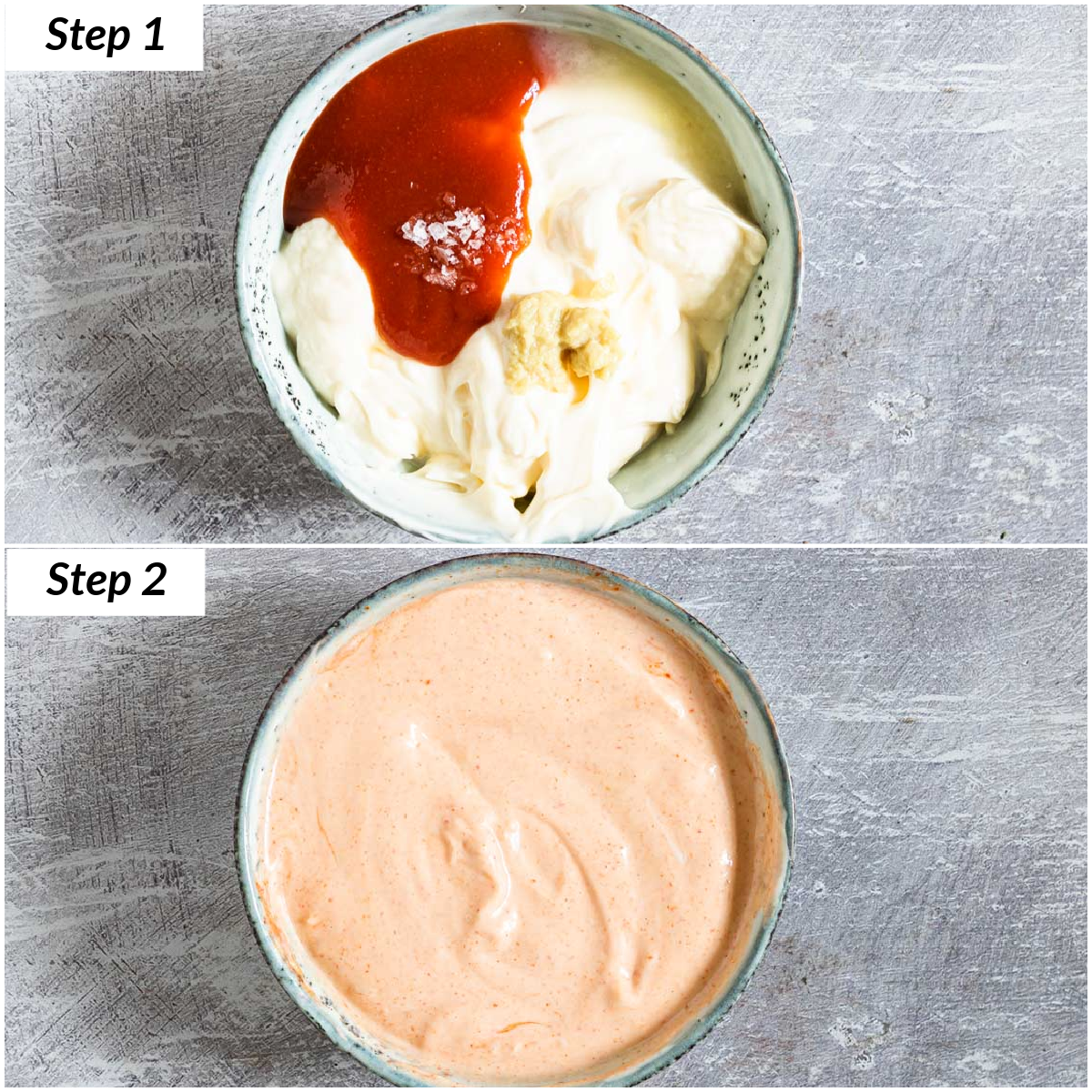 image collage showing the steps for making sriracha aioli