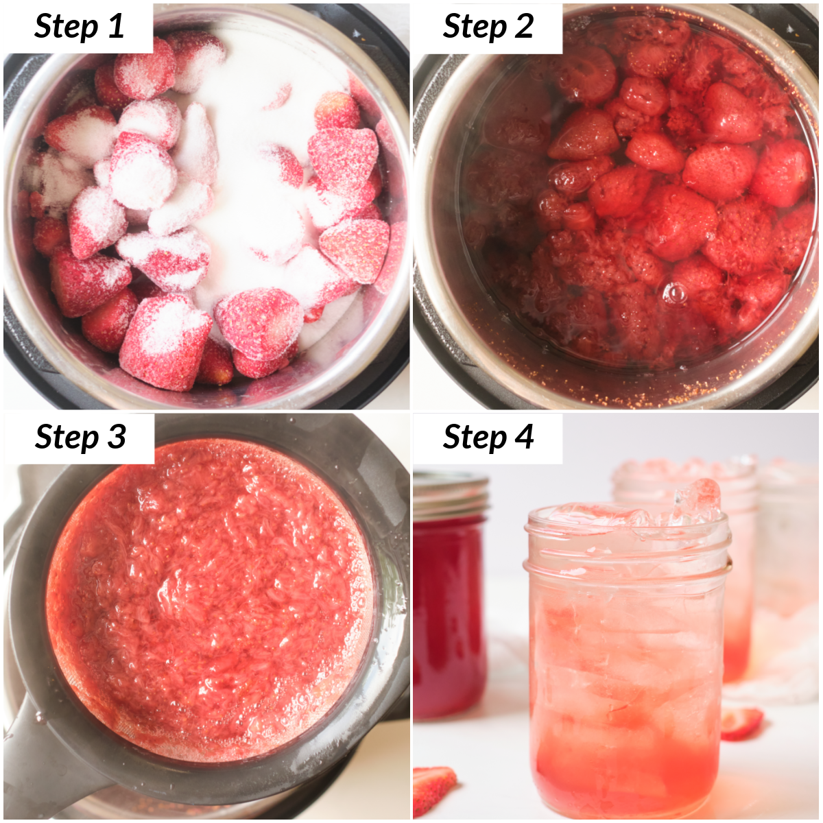 image collage showing the steps for making instant pot strawberry syrup