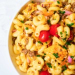 close up view of the completed taco pasta salad recipe