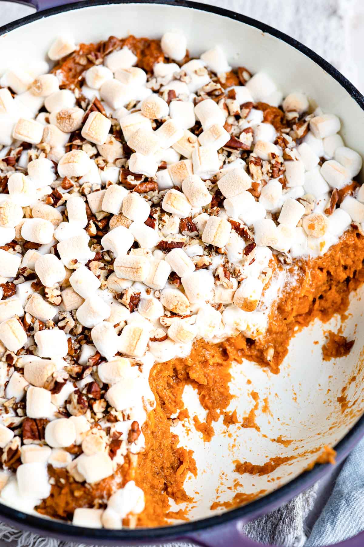 close up view of the sweet potato casserole marshmallow topping