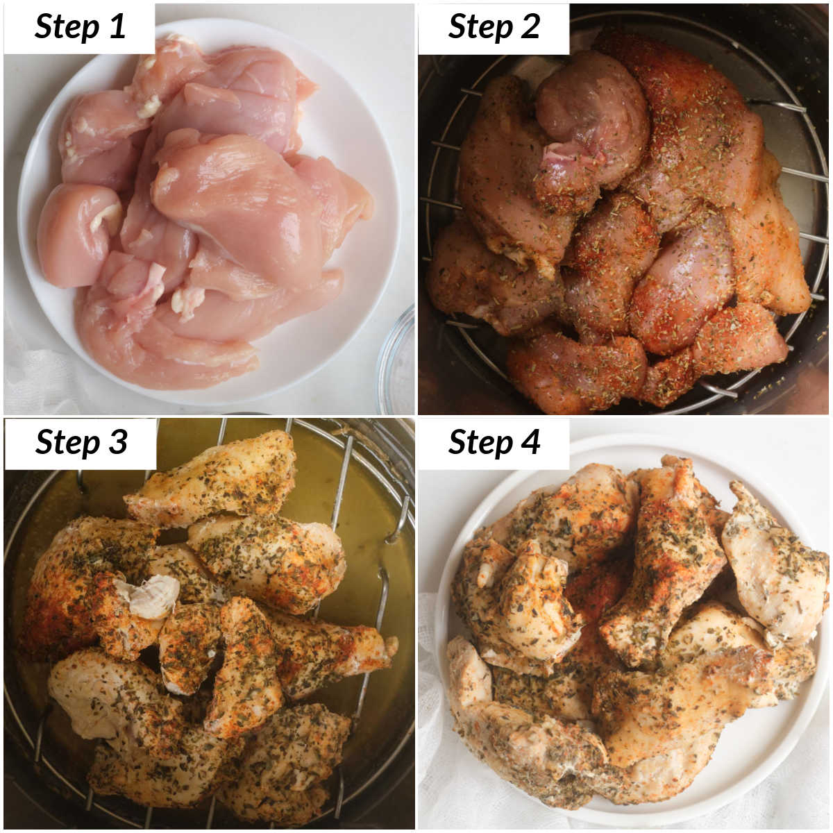 image collage showing the steps for making chicken tenders in instant pot