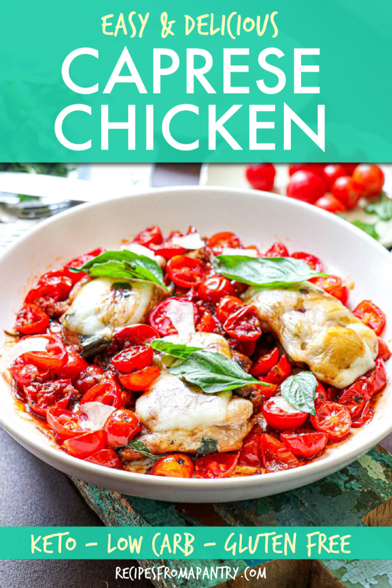 chicken topped with cherry tomatoes and basil in a bowl