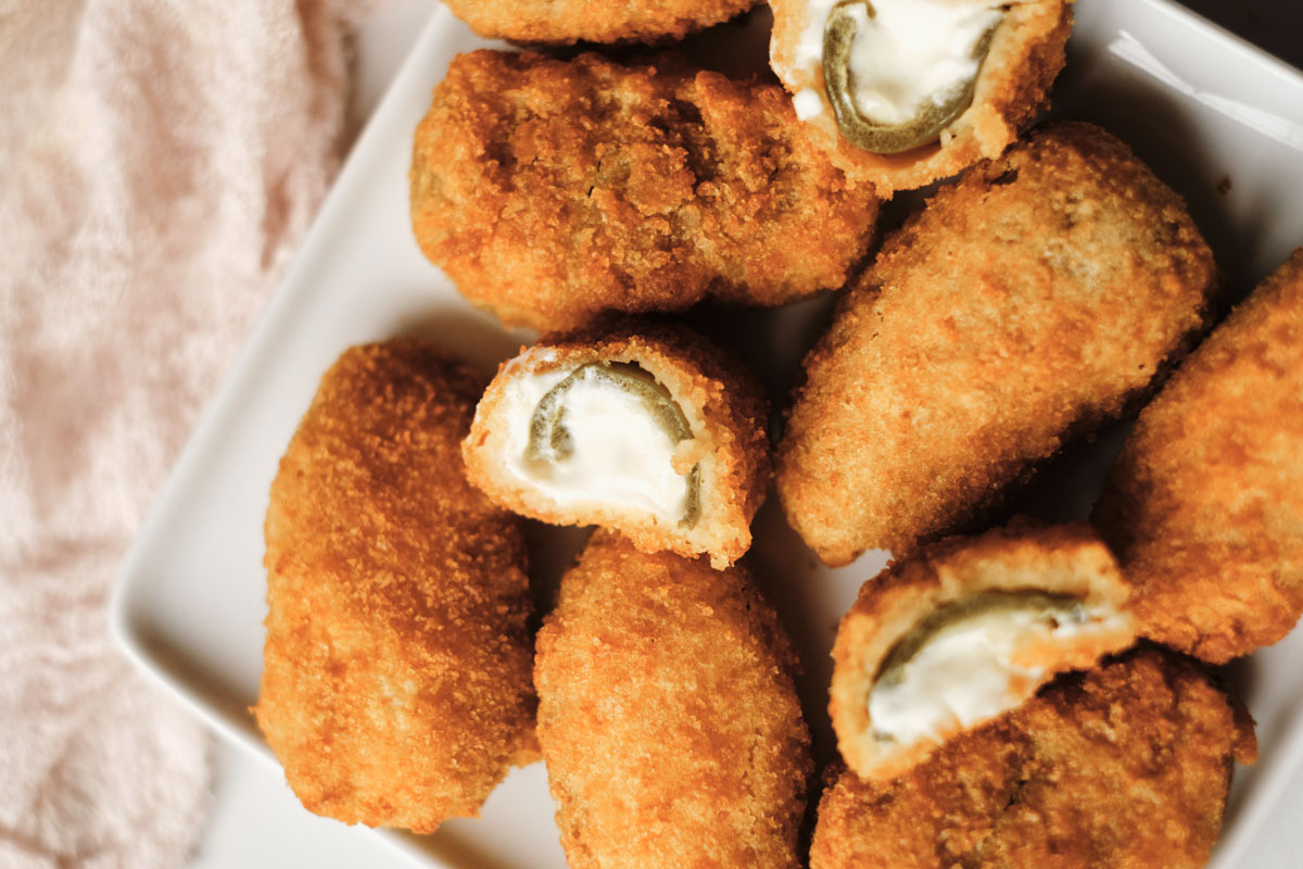 close up view of the cooked air fryer frozen jalapeno poppers