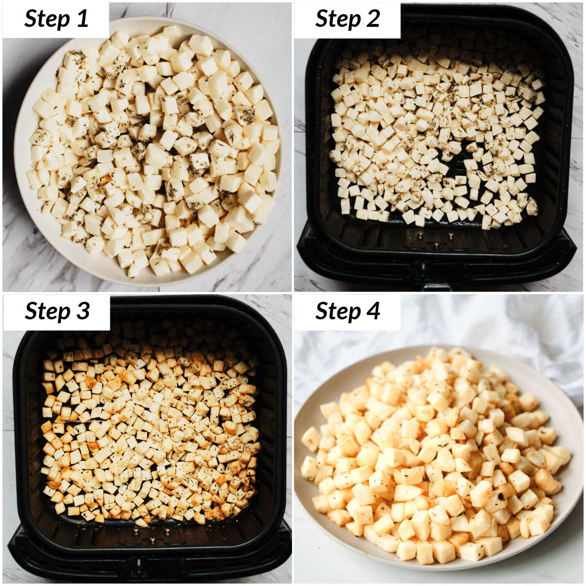 image collage showing the steps for making frozen hash browns in air fryer