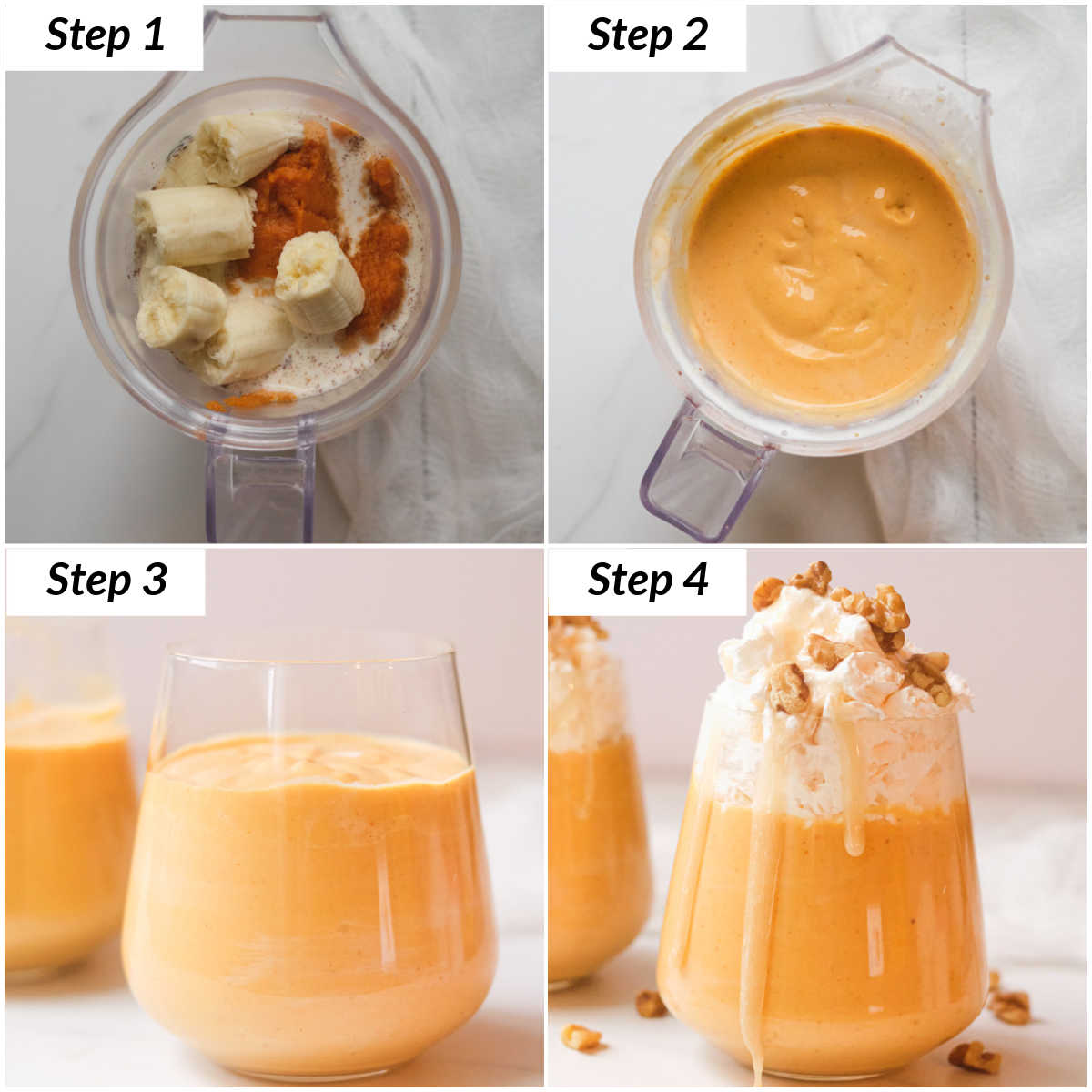 image collage showing the steps for making pumpkin pie smoothie