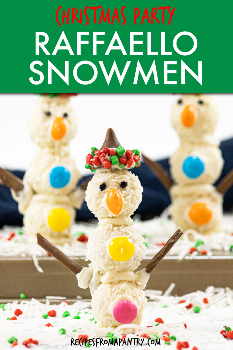 three snowmen made of raffaello candy and M&Ms