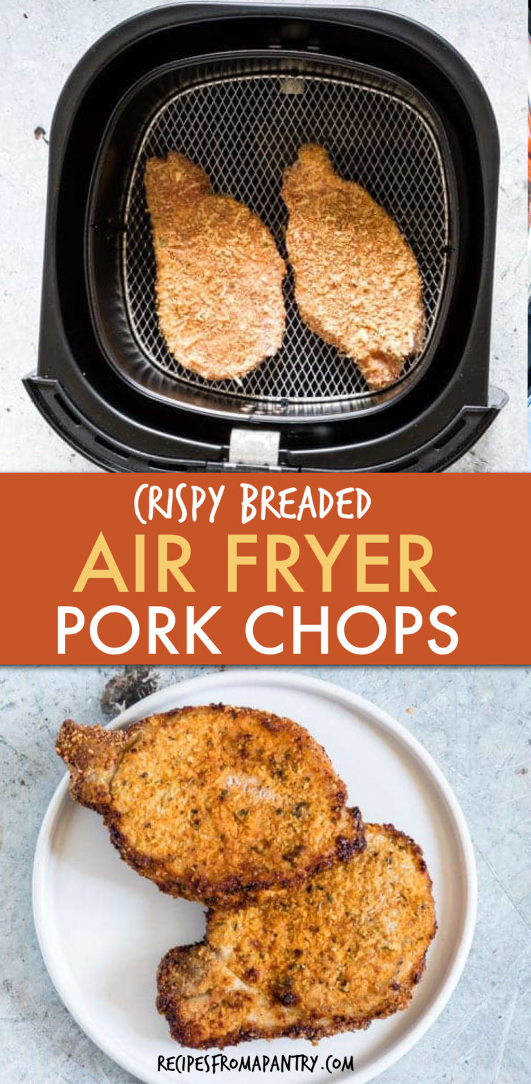 TWO PICTURES OF PORK CHOPS IN AN AIR FRYER AND COOKED ON A PLATE