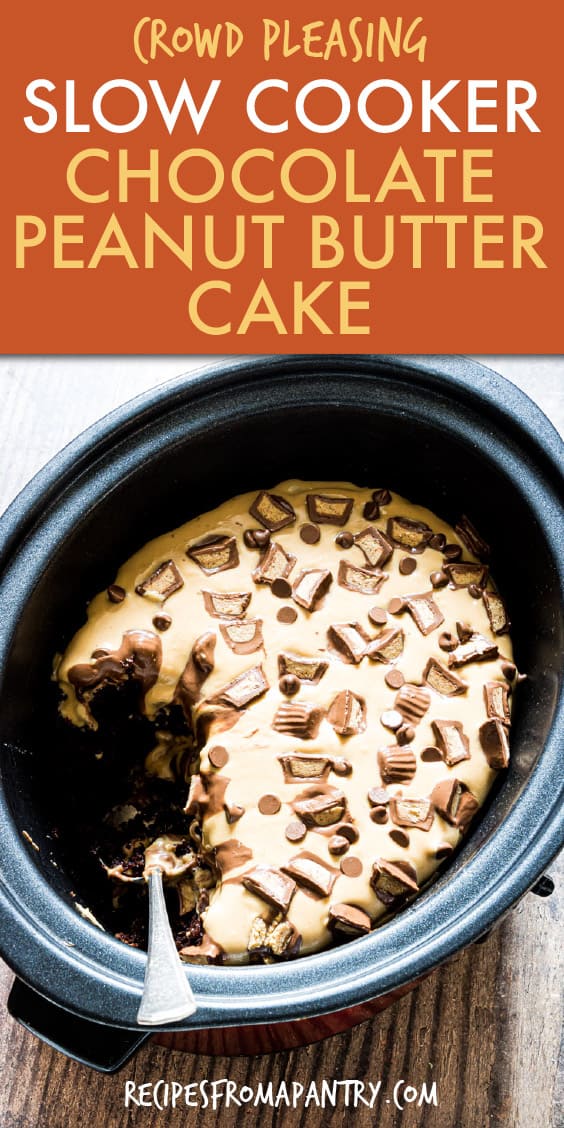 chocolate peanut butter cake inside a slow cooker